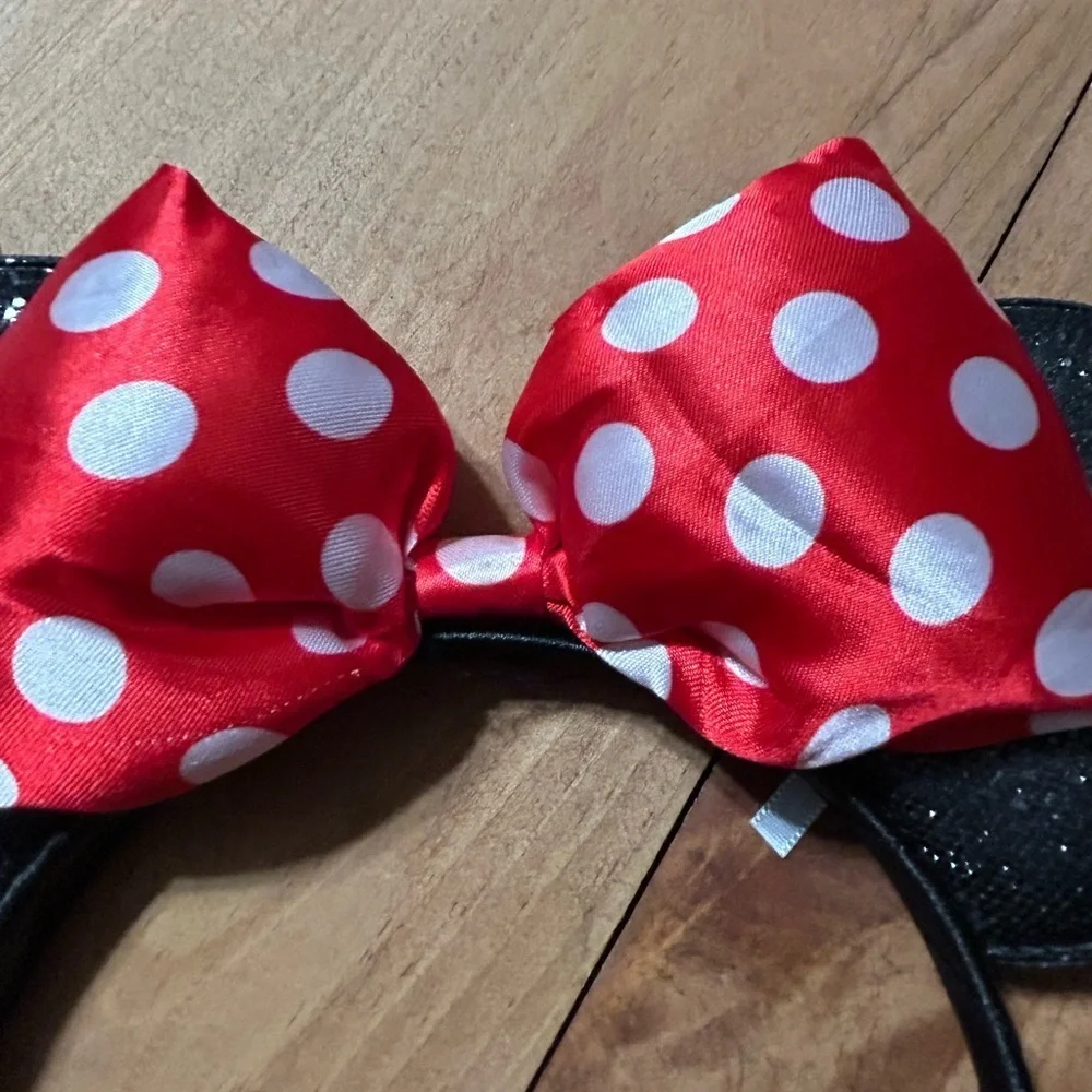 Red Minnie Mouse Polka Dot Bow Disney Headband with Black glitter Ears